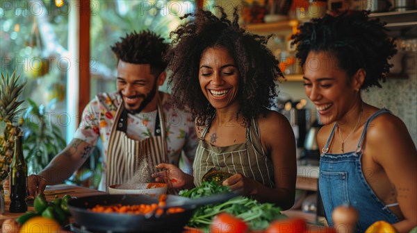 Group of friends with African descent laughing and cooking together in a colorful kitchen, AI generated