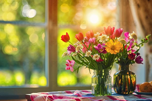 Mother's Day, Cheerful bouquet of tulips and other flowers in a glass vase on a table, KI generated, AI generated