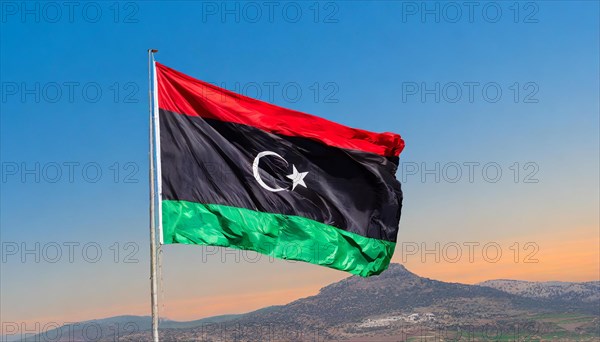 The flag of Libya, fluttering in the wind, isolated, against the blue sky