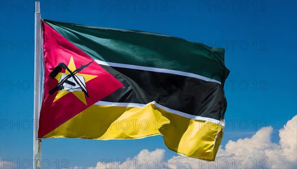 The flag of Mozambique, fluttering in the wind, isolated, against the blue sky