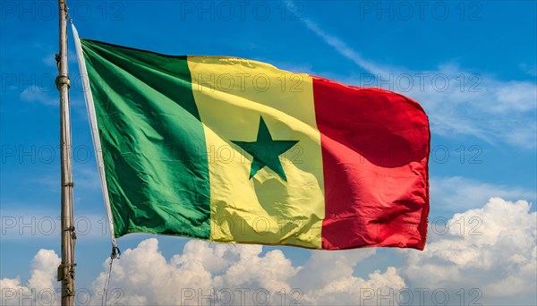 The flag of Senegal, fluttering in the wind, isolated, against the blue sky