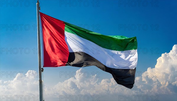 The flag of United Arab Emirates, fluttering in the wind, isolated, against the blue sky