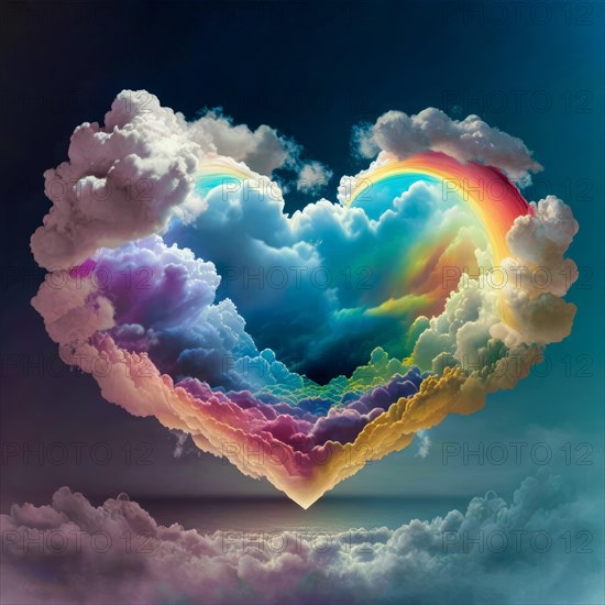 Huge rainbow heart in the sky with white clouds. Symbolic image of love. Generative AI image, AI generated