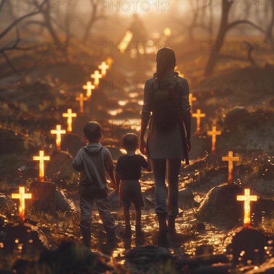 A family walks at sunrise through a foggy cemetery with glowing crosses, war, war graves, military cemetery, AI generated