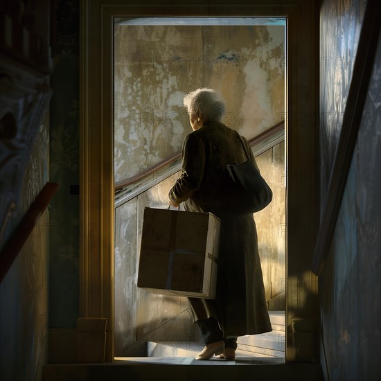 An elderly woman stands in the backlight at the exit of a building, apartment relocation, relocating, housing shortage, AI generated