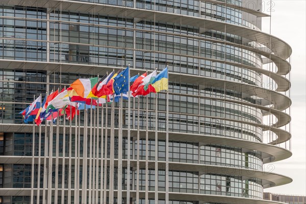 Flags of the European countries in front of the European Parliament in Strasbourg. Bas rhin, Alsace, Grand Est, France, Europe