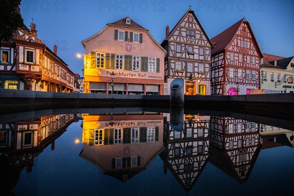 View of an old town, half-timbered houses and streets in a town. Seligenstadt am Main, Hesse Germany