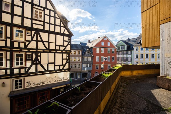 Old half-timbered houses in a town. Streets and buildings in the morning in Wetzlar, Hesse Germany