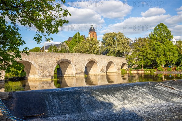 View of an old town, half-timbered houses in a town. Streets and bridges at the river Lahn in the morning in Wetzlar, Hesse Germany