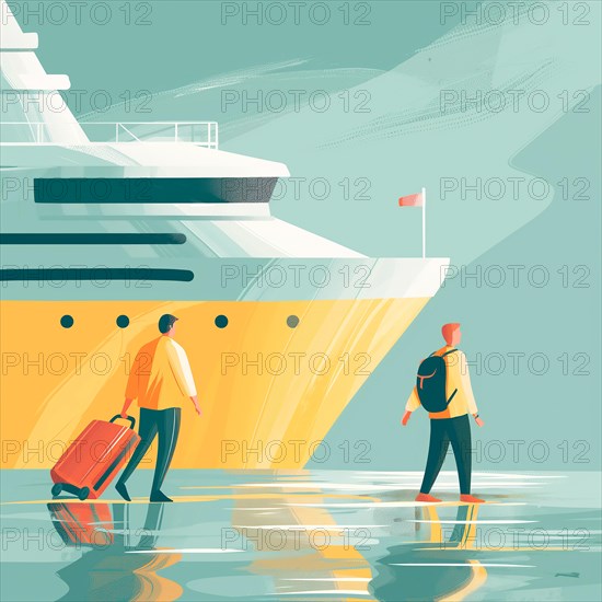 Two men are walking towards a large yellow ship. One of them is carrying a luggage. AI generated