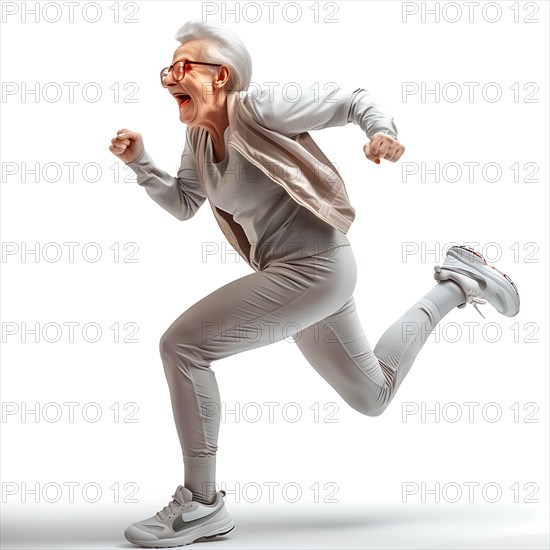 A smiling older woman runs full of energy and joy on a white background, run, start, advert, special offer, AI generated