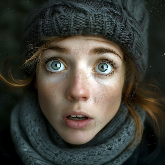 Portrait of a young woman with deep blue eyes, surprised expression and winter hat, run, start, advert, special offer, AI generated