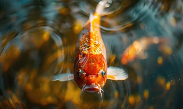 Close-up of a koi fish gliding through the clear waters of a pond AI generated