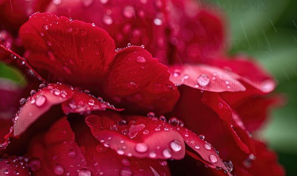 Close-up of a red peony with raindrops glistening on its petals AI generated