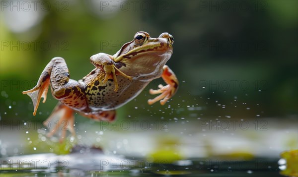 Close-up of Rana arvalis in mid-jump AI generated