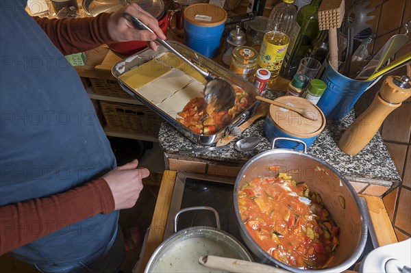 Preparation of a vegetable lasagne, Mecklenburg-Vorpommern, Germany, Europe