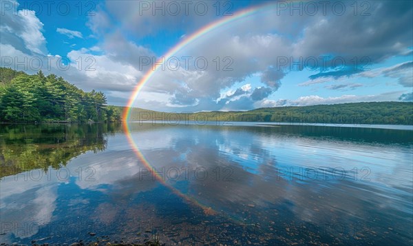 A vibrant rainbow stretching across the sky after a passing rain shower AI generated