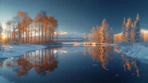 A serene winter landscape with snowy trees and a lake reflecting the warm glow of sunset, AI Generated, AI generated