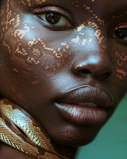 Close-up of african dark skinned beautifiul woman's facial features accentuated with golden, textured makeup, blurry teal turquoise solid background, beauty product studio lights, fashion artsy make up, high concept potraiture, AI generated