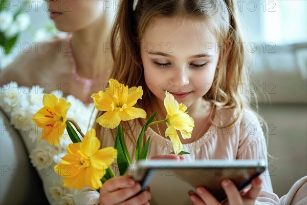 Mother's Day, A smiling child holds a bouquet of daffodils while looking at a tablet, the mother sits in the background, AI generated, AI generated