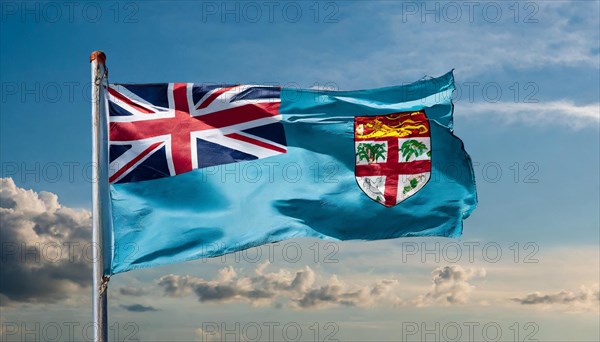 The flag of Fiji, Fiji, flutters in the wind, isolated, against the blue sky, Oceania