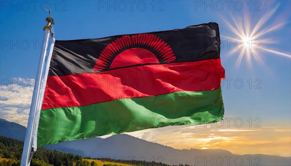 The flag of Malawi, fluttering in the wind, isolated, against the blue sky