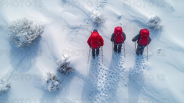 Aerial view of hikers in red trekking through a snowy landscape, AI generated