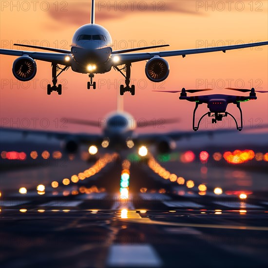 Aircraft approaching behind a drone on a brightly lit runway, drone, attack, AI generated