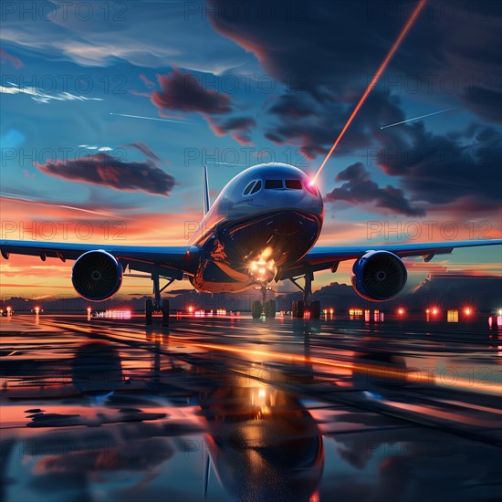 A plane at sunset on an illuminated runway with dramatic sky and shiny reflection on the ground, laser, attack, AI generated