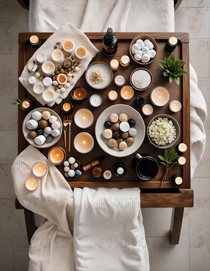 Peaceful aerial view of a spa environment showcasing a selection of wellness products arranged on a wooden platter, AI generated