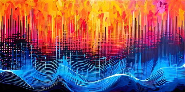 AI generated abstract art conveying sound waves and digital particles