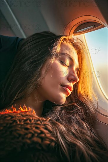 A woman leans relaxed against the aeroplane window, light caresses her face, AI generated, AI generated