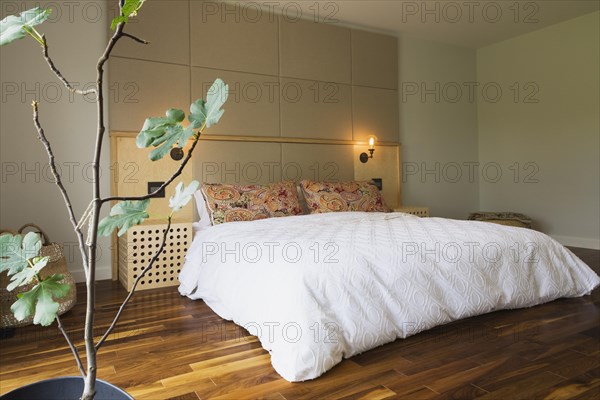 King size bed covered with white bedspread in bedroom with American walnut hardwood flooring on upstairs floor inside modern cube style home, Quebec, Canada, North America