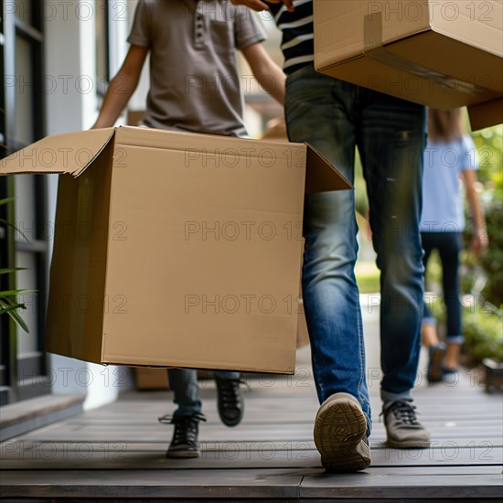 A family carries apartment relocation boxes together, apartment relocation, apartment relocation, housing shortage, AI generated