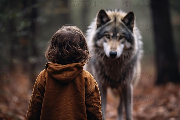 Child looking at wolf in forest. KI generiert, generiert, AI generated