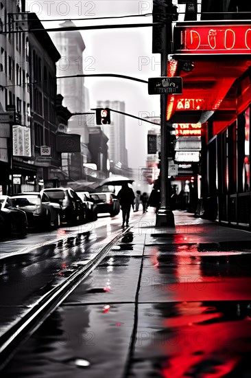 AI generated bustling street scene monochromatic snapshot with colorful digital elements