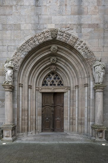Early Gothic entrance portal with leaf masks of the Ebrach monastery church, Ebrach, Lower Franconia, Bavaria, Germany, Europe