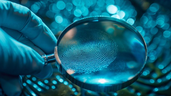 Crime scene with investigator wearing surgical glove viewing A fingerprint through the glass of a magnifying glass. generative AI, AI generated