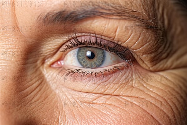 Close up of wrinkles around eye of middle-aged woman. KI generiert, generiert, AI generated