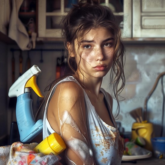 Exhausted young woman with cleaning utensils in a disorganised room, No desire to tidy up, AI generated