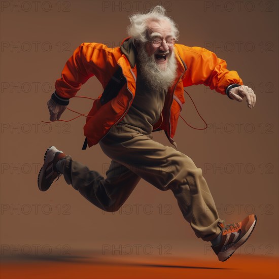 Old man in a lively pose runs in front of a monochrome background, start running, start advertising, special offer, AI generated
