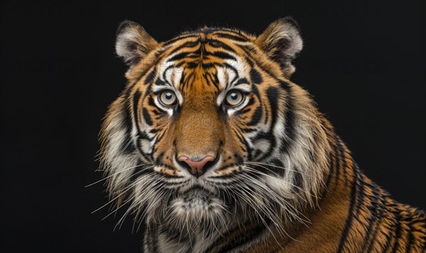 Close-up of a Bengal-Siberian tiger hybrid in studio lighting, tiger on black background AI generated