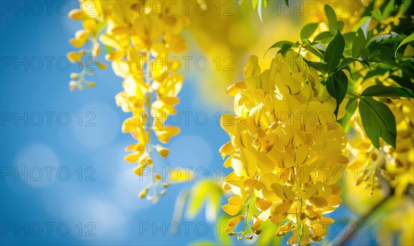 Laburnum flowers with their vibrant color contrasting against a blue sky AI generated