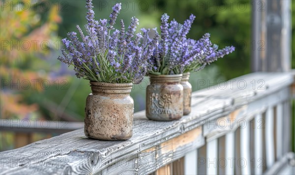 A weathered porch railing decorated with jars of lavender AI generated