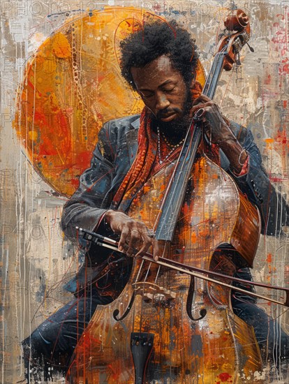 Textured artwork of a musician playing the cello with warm, expressive colors, AI Generated, AI generated