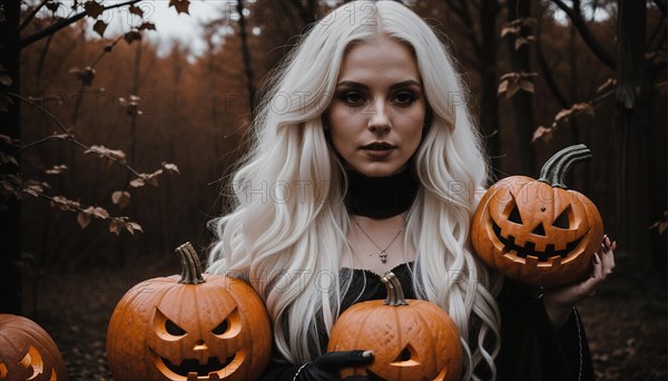 Beautiful young woman in black dress and hat on the background of Halloween pumpkins. ai generative, AI generated