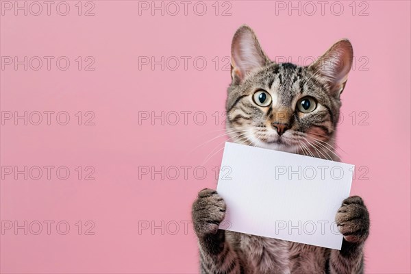 Tabby cat holding empty white sign in front of studio background. KI generiert, generiert, AI generated