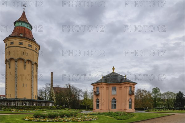 Historic water tower, C. Franz Brewery and Pagodenburg Castle, Murgpark, former residence of the Margraves of Baden-Baden, Rastatt, Baden-Wuerttemberg, Germany, Europe