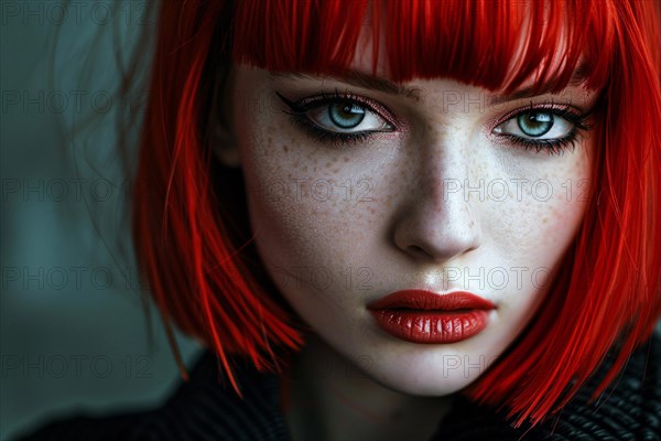 Portrait of young beautiful woman with pale skin and bright red hair with bob hairstyle with bangs and black eye makeup. KI generiert, generiert, AI generated