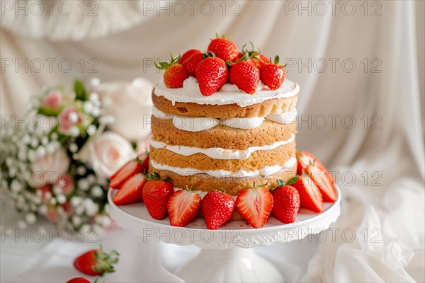 Delicious whole strawberry cream cake. KI generiert, generiert, AI generated